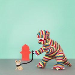 stripe T rex and his dog